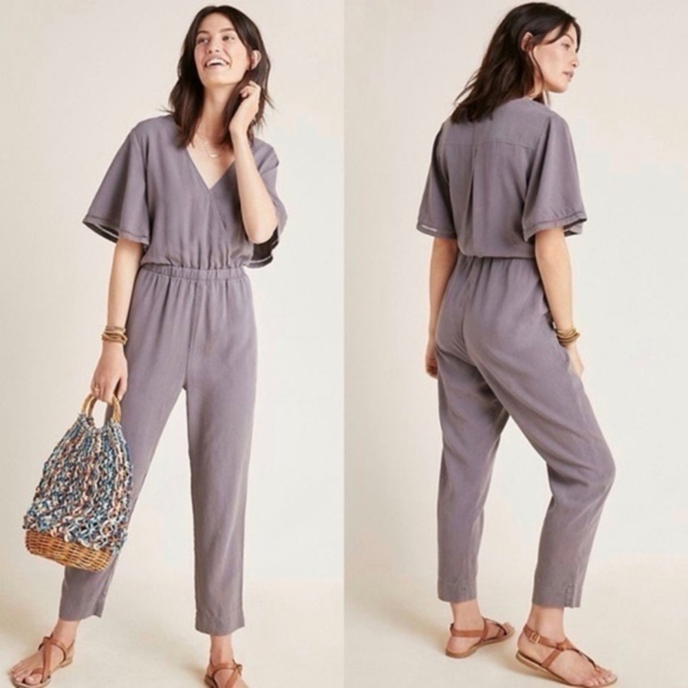 Anthropologie Cloth & Stone Gulpiyuri Chambray Gray Flutter Sleeve Jumpsuit -Sm